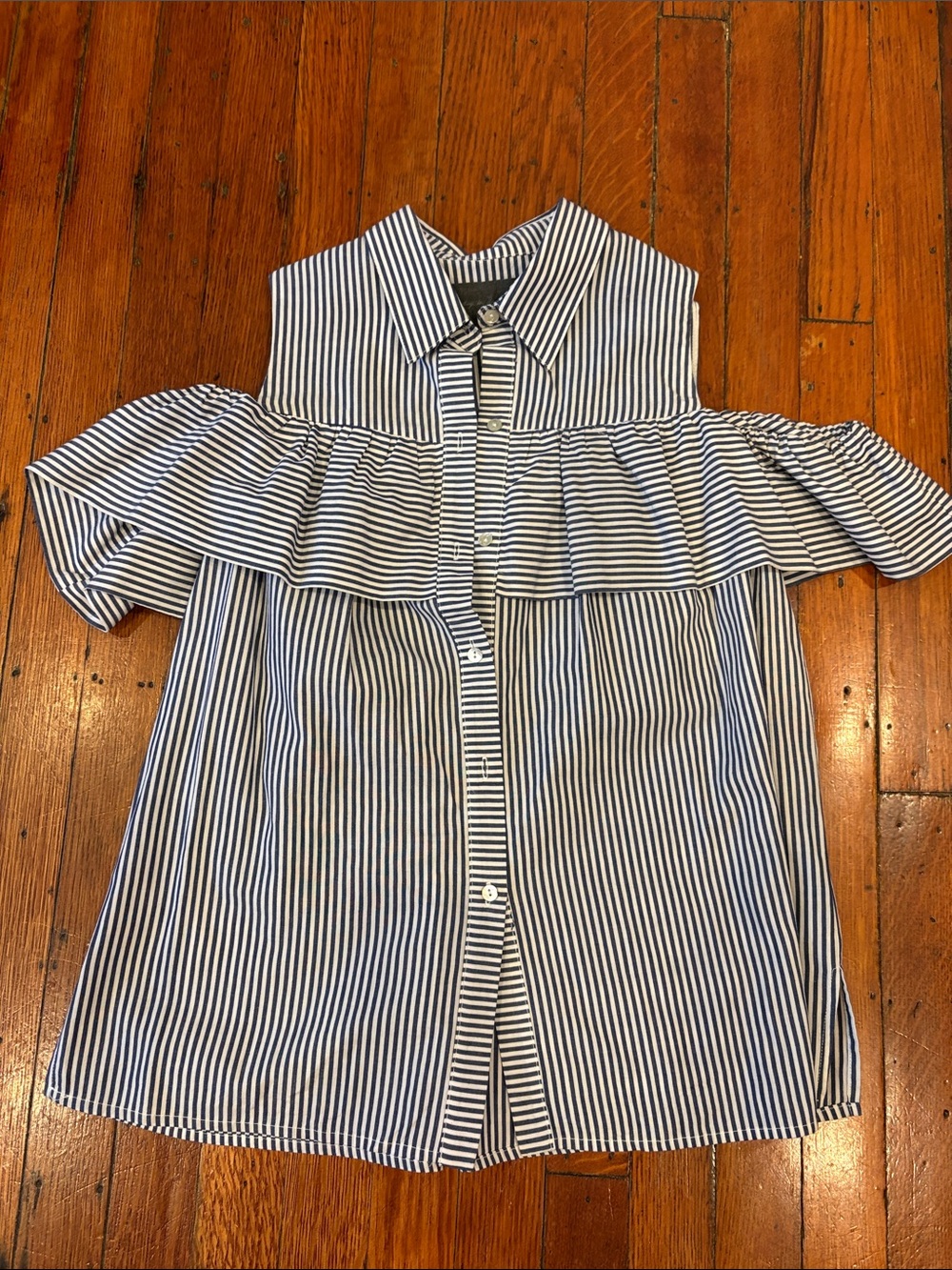 Striped Off-Shoulder Ruffle Button-Down Top in Navy and White
